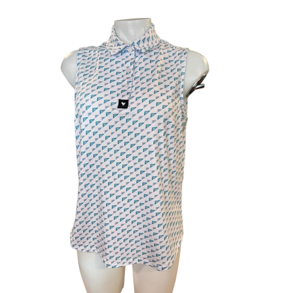Bad Birdie Tops - Women's Bad Birdie White Teal Golf Print Sleeveless Polo Top L